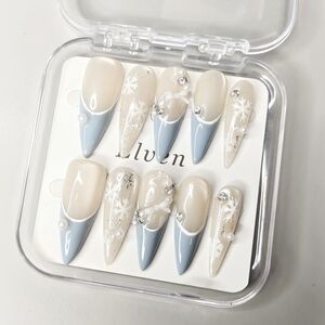 Elegant Blue French Tips and Cream Cat Eye Handmade Press-On Nails Stiletto